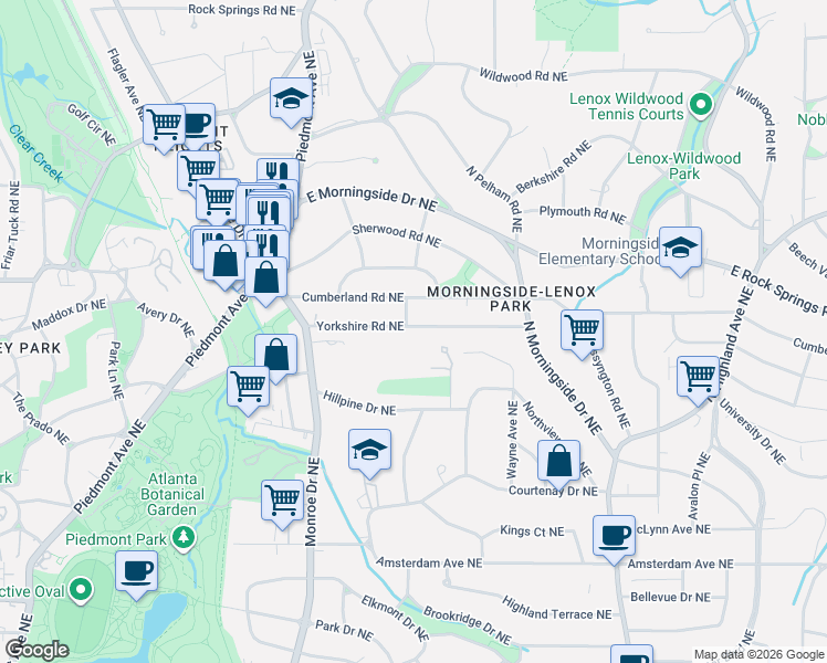 map of restaurants, bars, coffee shops, grocery stores, and more near 733 Yorkshire Road Northeast in Atlanta