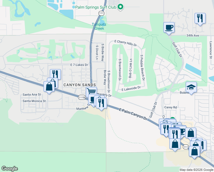 map of restaurants, bars, coffee shops, grocery stores, and more near 2463 South Broadmoor Drive in Palm Springs