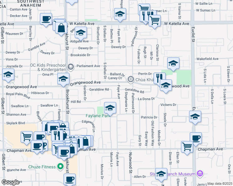 map of restaurants, bars, coffee shops, grocery stores, and more near 11555 Faye Avenue in Garden Grove