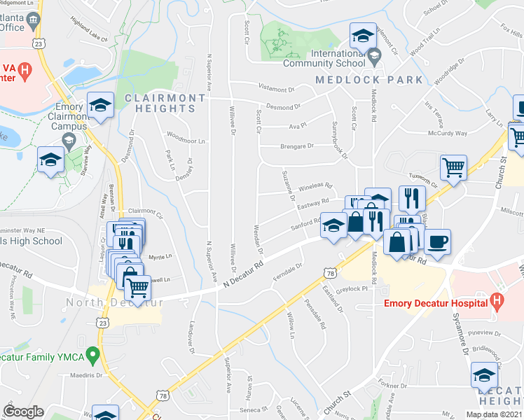 map of restaurants, bars, coffee shops, grocery stores, and more near 637 Wendan Drive in Decatur