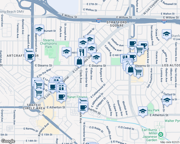 map of restaurants, bars, coffee shops, grocery stores, and more near 2137 Fidler Ave in Long Beach
