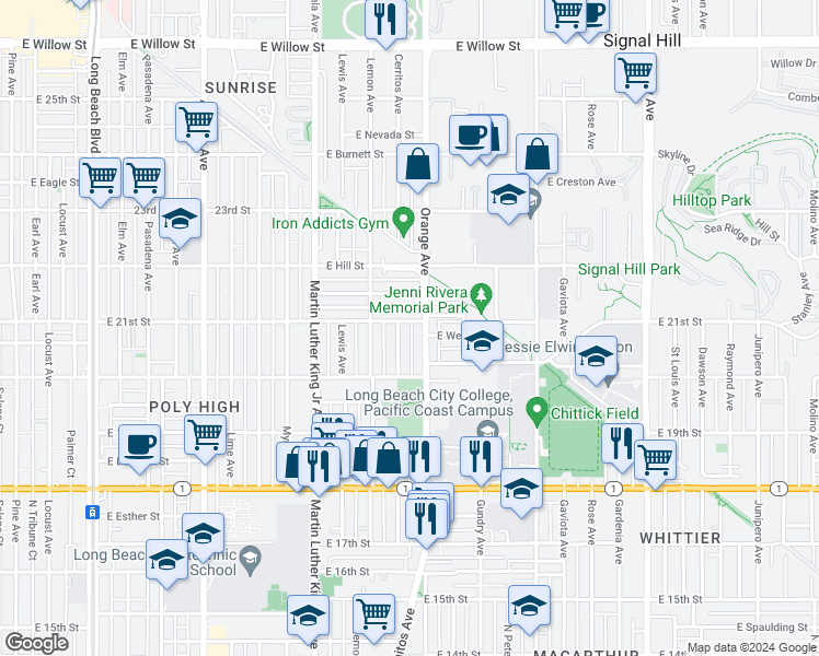 map of restaurants, bars, coffee shops, grocery stores, and more near 1178 East 21st Street in Long Beach