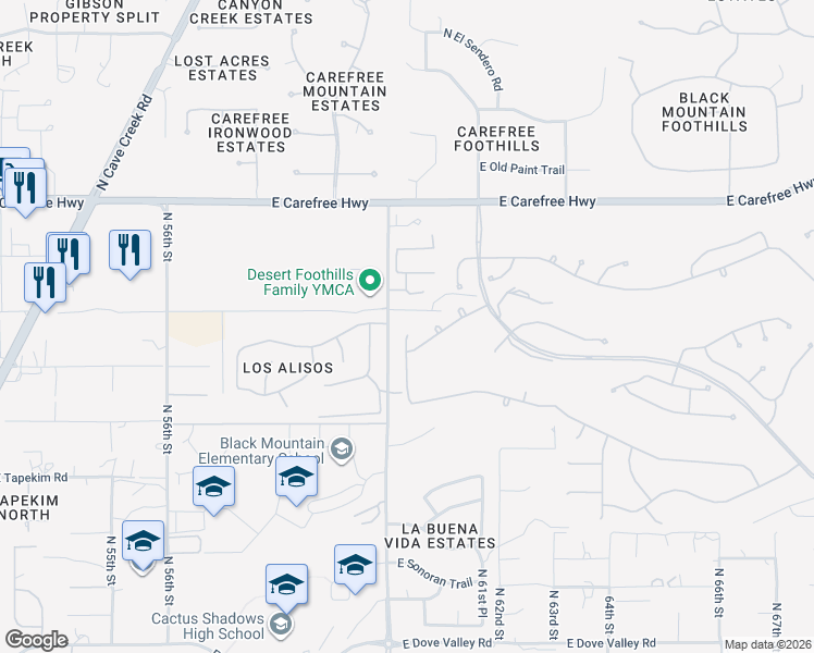 map of restaurants, bars, coffee shops, grocery stores, and more near 34125 North 60th Place in Scottsdale