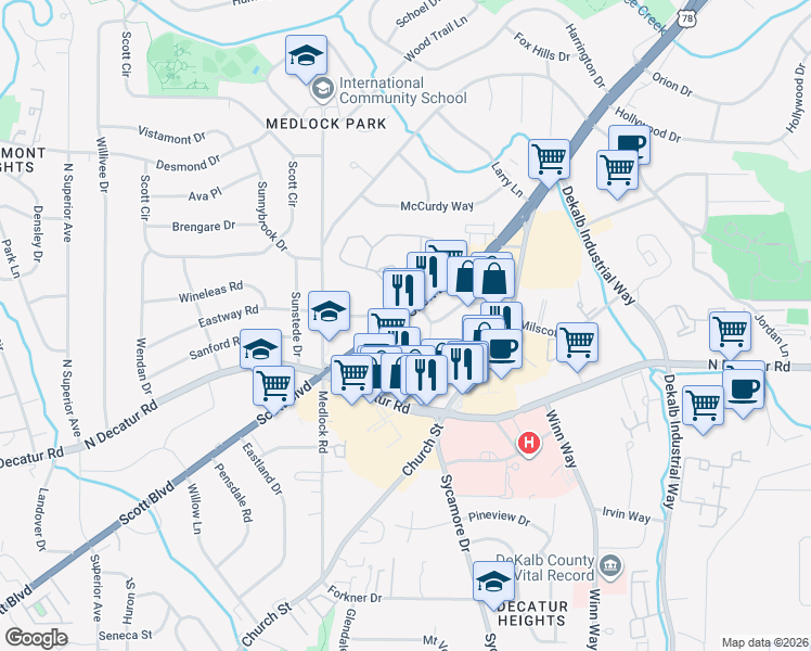 map of restaurants, bars, coffee shops, grocery stores, and more near 1591 Scott Boulevard in Decatur