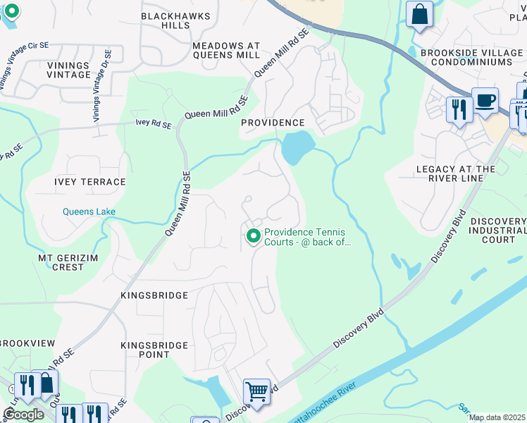 map of restaurants, bars, coffee shops, grocery stores, and more near 6114 Queens River Drive in Mableton