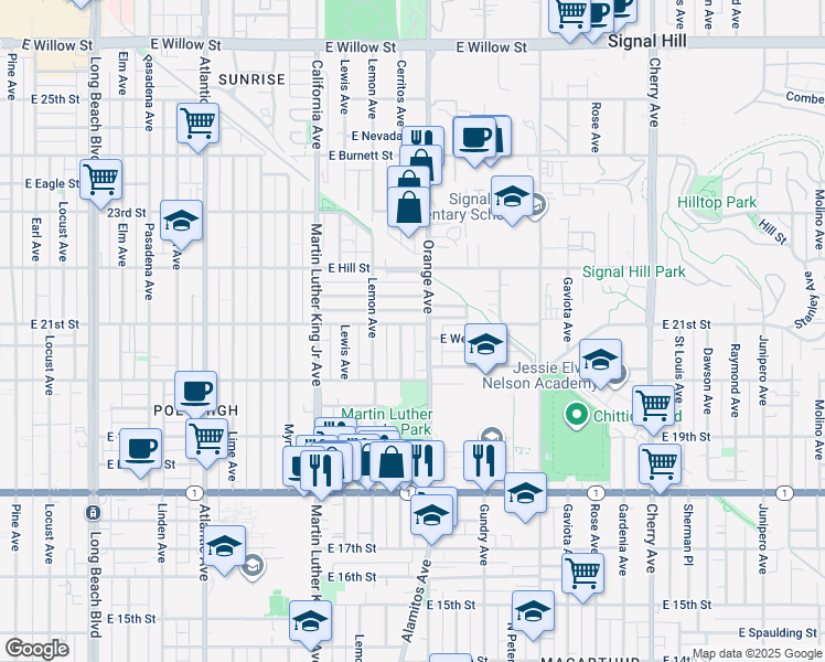 map of restaurants, bars, coffee shops, grocery stores, and more near 1178 East 21st Street in Long Beach