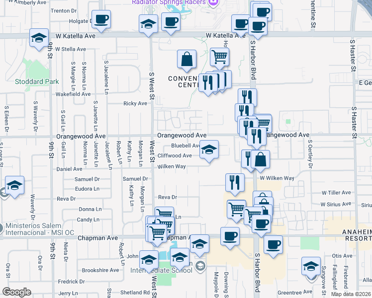 map of restaurants, bars, coffee shops, grocery stores, and more near 12152 Bluebell Avenue in Garden Grove