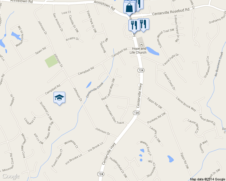 map of restaurants, bars, coffee shops, grocery stores, and more near 4144 Red Laurel Way Southwest in Snellville