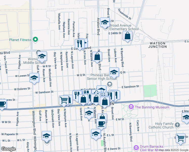 map of restaurants, bars, coffee shops, grocery stores, and more near 1562 North Marine Avenue in Los Angeles