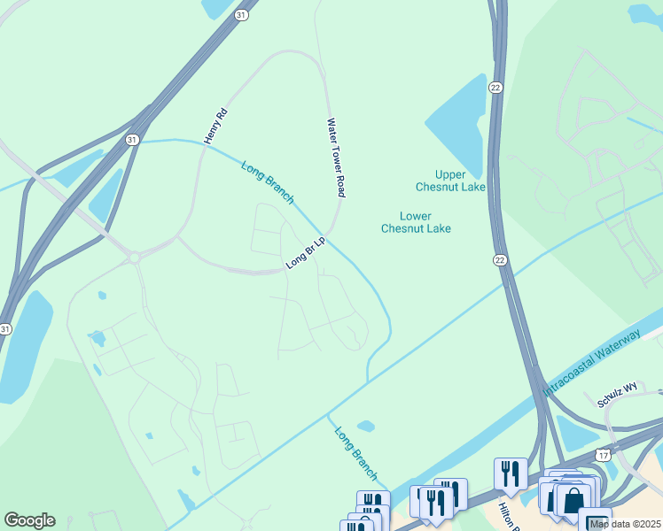 map of restaurants, bars, coffee shops, grocery stores, and more near 6530 Long Bay Road in Longs