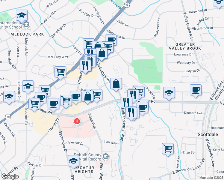 map of restaurants, bars, coffee shops, grocery stores, and more near 650 Dekalb Industrial Way in Decatur
