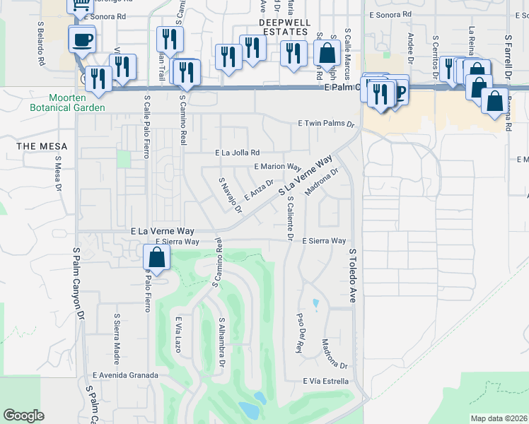 map of restaurants, bars, coffee shops, grocery stores, and more near 1173 South La Verne Way in Palm Springs