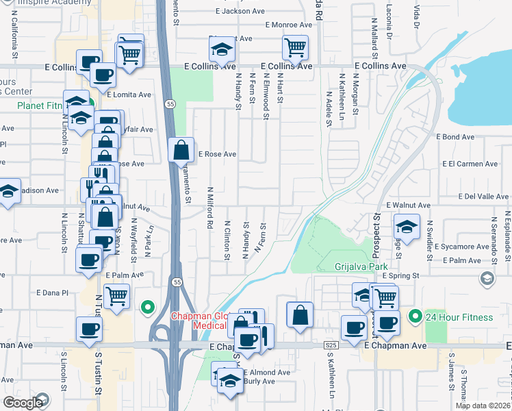 map of restaurants, bars, coffee shops, grocery stores, and more near 480 North Handy Street in Orange