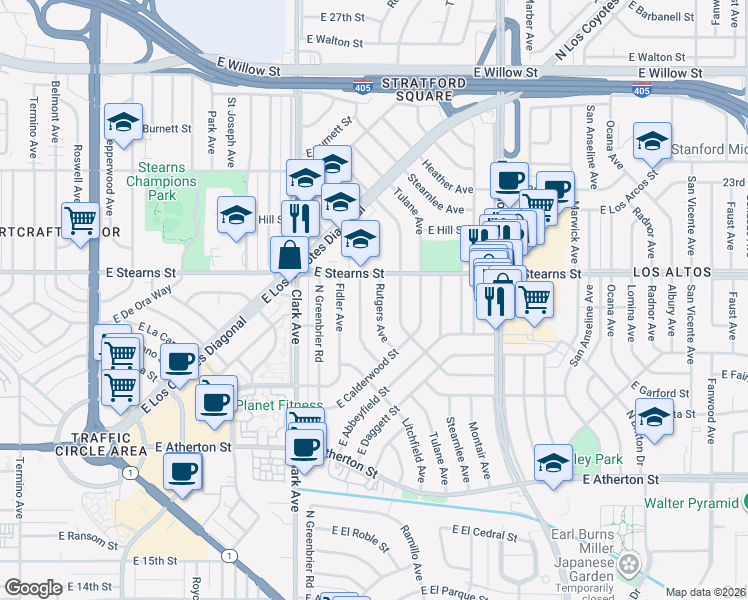 map of restaurants, bars, coffee shops, grocery stores, and more near 2130 Charlemagne Avenue in Long Beach