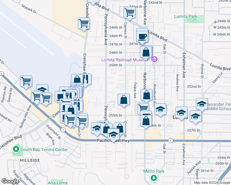 map of restaurants, bars, coffee shops, grocery stores, and more near 2358 West 253rd Street in Lomita