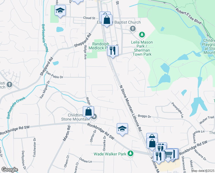 map of restaurants, bars, coffee shops, grocery stores, and more near 5238 Ridge Forest Drive in Stone Mountain