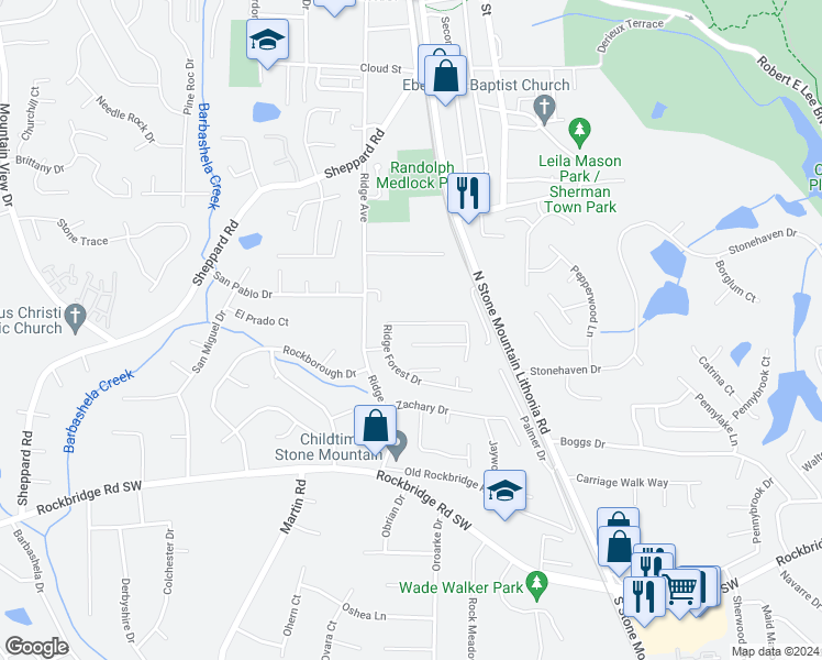 map of restaurants, bars, coffee shops, grocery stores, and more near 5274 Ridge Forest Drive in Stone Mountain