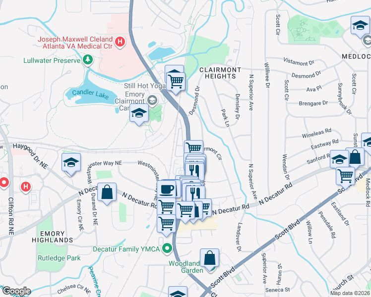 map of restaurants, bars, coffee shops, grocery stores, and more near 639 Brennan Drive in Decatur