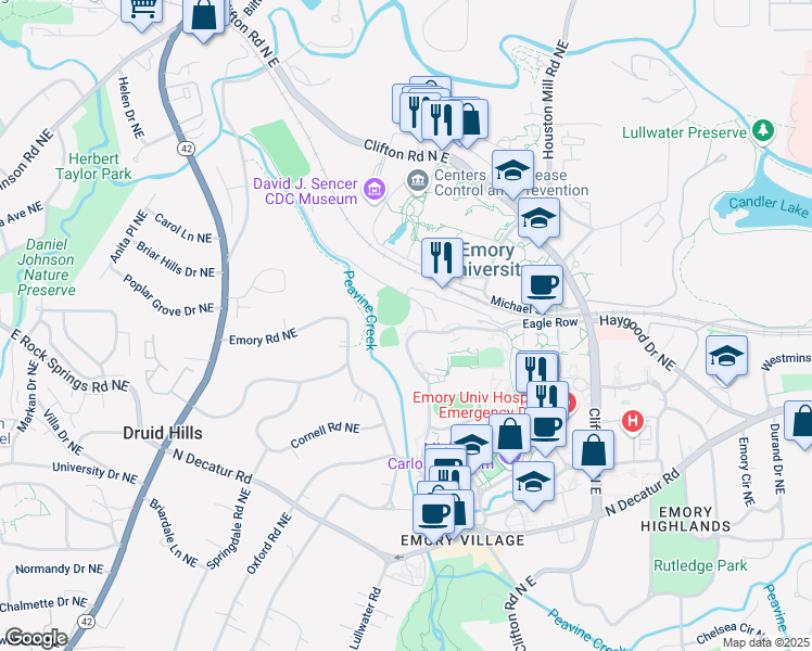 map of restaurants, bars, coffee shops, grocery stores, and more near 23 Eagle Row in Atlanta