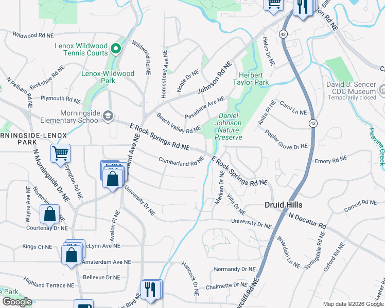 map of restaurants, bars, coffee shops, grocery stores, and more near 1275 East Rock Springs Road Northeast in Atlanta