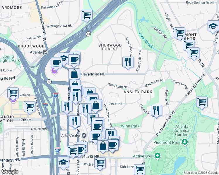 map of restaurants, bars, coffee shops, grocery stores, and more near 264 The Prado Northeast in Atlanta