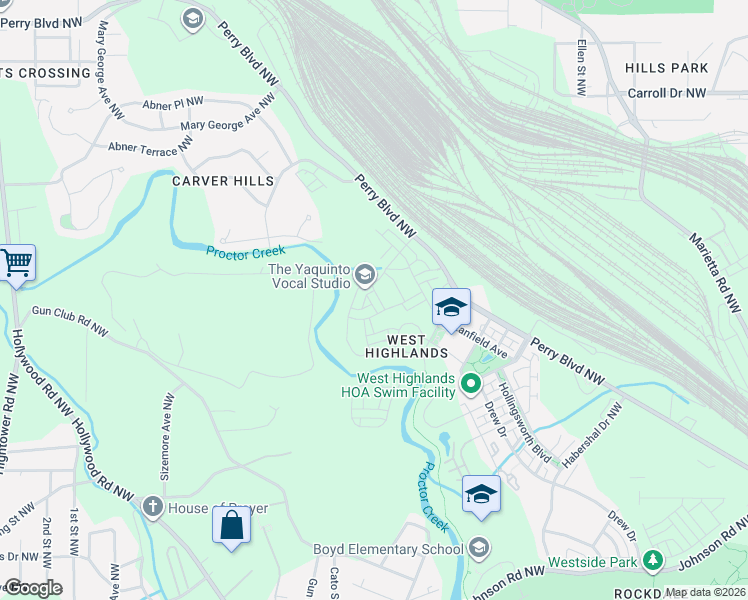 map of restaurants, bars, coffee shops, grocery stores, and more near 2501 Drew Drive in Atlanta