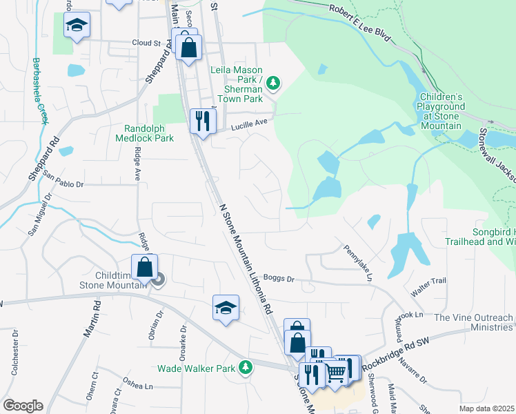 map of restaurants, bars, coffee shops, grocery stores, and more near 5474 Pepperwood Court in Stone Mountain