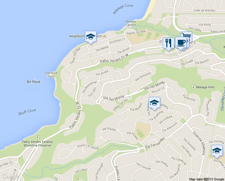 map of restaurants, bars, coffee shops, grocery stores, and more near 813 Vía Conejo in Palos Verdes Estates