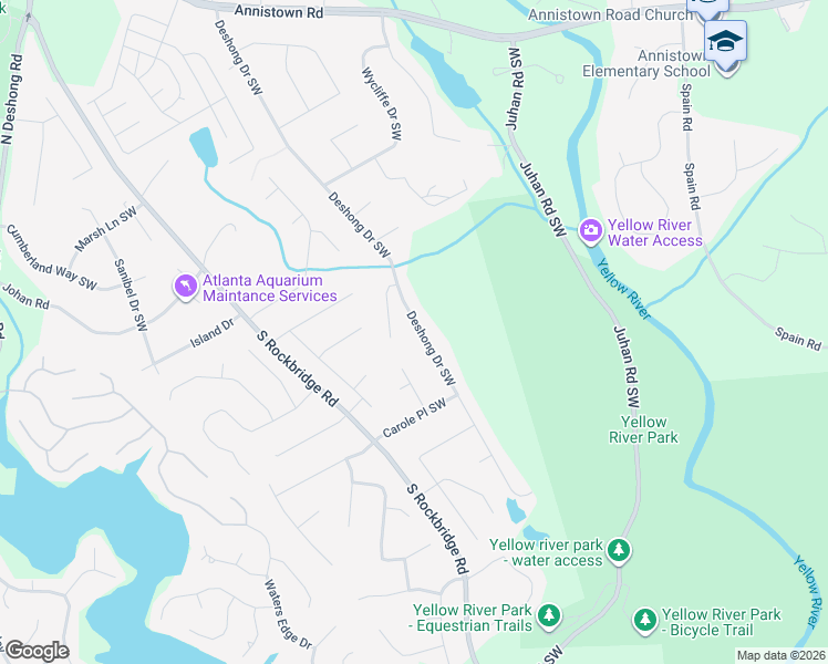 map of restaurants, bars, coffee shops, grocery stores, and more near 3223 Deshong Drive Southwest in Stone Mountain
