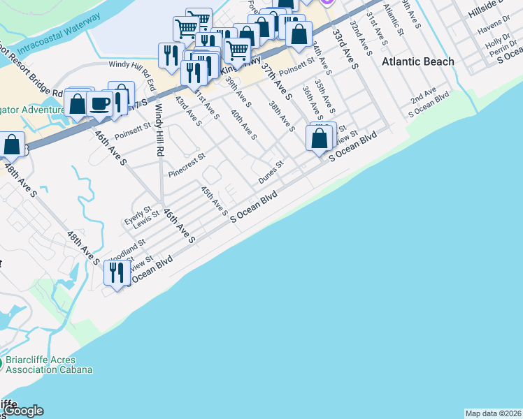 map of restaurants, bars, coffee shops, grocery stores, and more near 4303 South Ocean Boulevard in North Myrtle Beach