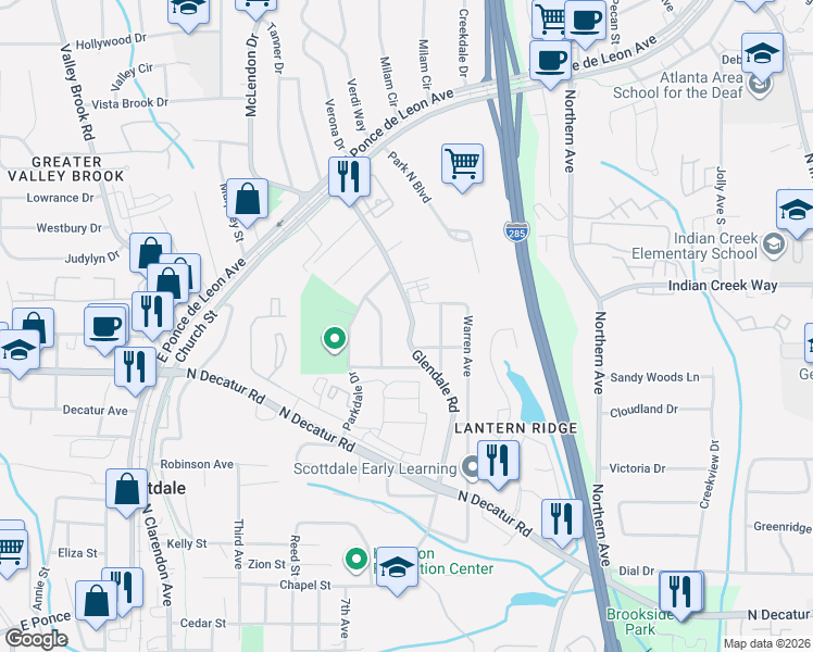 map of restaurants, bars, coffee shops, grocery stores, and more near 639 Glendale Road in Scottdale
