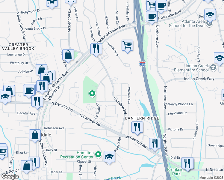 map of restaurants, bars, coffee shops, grocery stores, and more near 639 Glendale Road in Scottdale