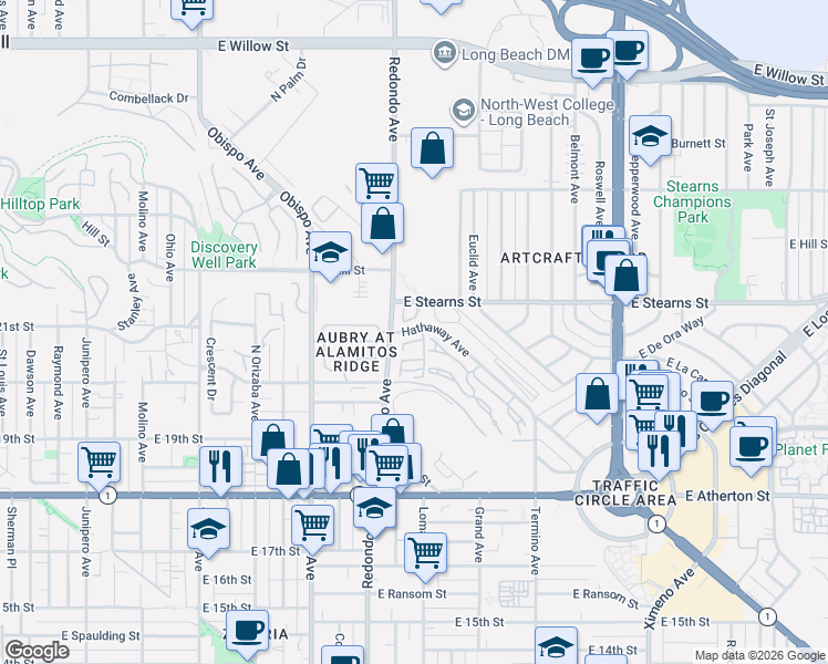 map of restaurants, bars, coffee shops, grocery stores, and more near 3414 Duchess Lane in Long Beach
