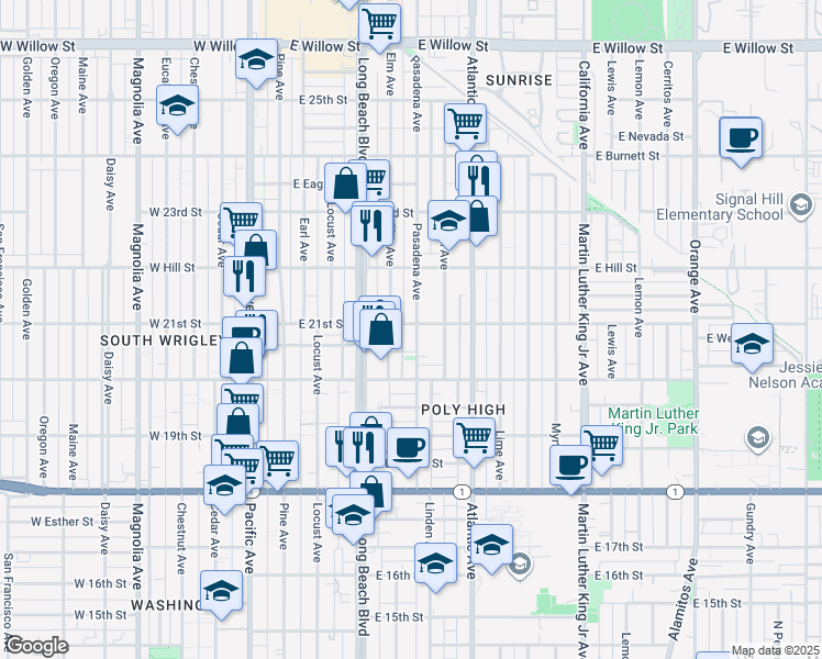 map of restaurants, bars, coffee shops, grocery stores, and more near 2093 Pasadena Avenue in Long Beach
