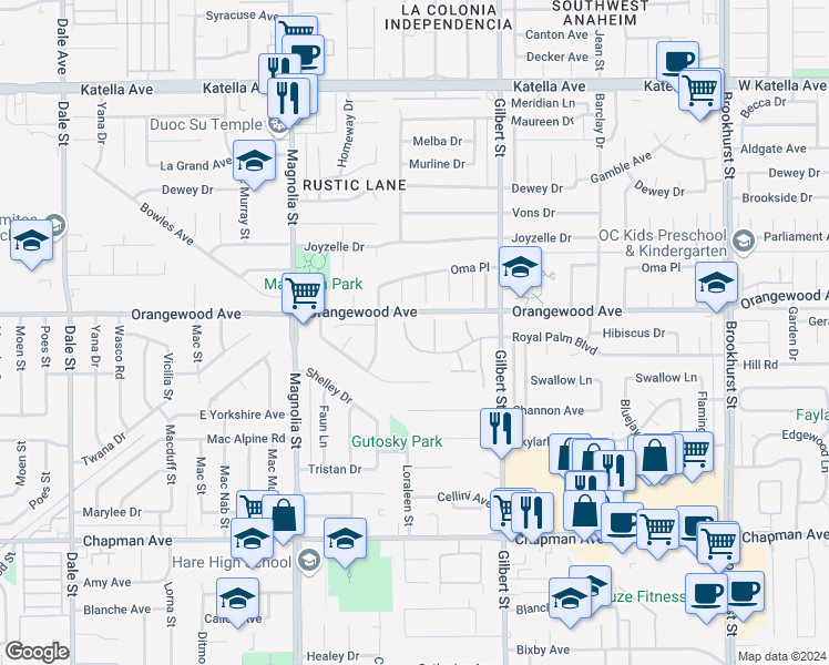 map of restaurants, bars, coffee shops, grocery stores, and more near 9261 Royal Palm Boulevard in Garden Grove