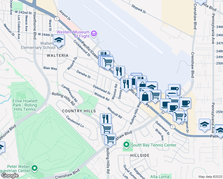 map of restaurants, bars, coffee shops, grocery stores, and more near 25236 Bigelow Road in Torrance
