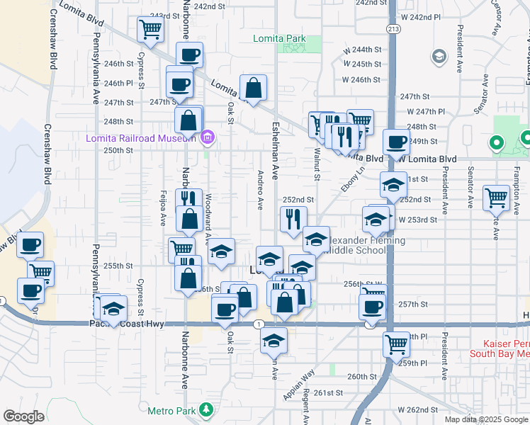 map of restaurants, bars, coffee shops, grocery stores, and more near 25223 Andreo Avenue in Lomita