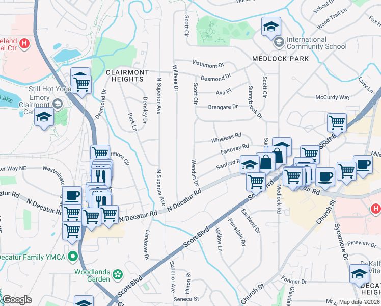 map of restaurants, bars, coffee shops, grocery stores, and more near 637 Wendan Drive in Decatur