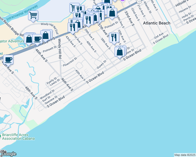 map of restaurants, bars, coffee shops, grocery stores, and more near 4303 South Ocean Boulevard in North Myrtle Beach