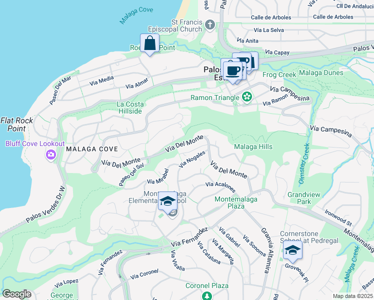 map of restaurants, bars, coffee shops, grocery stores, and more near 853 Vía Del Monte in Palos Verdes Estates