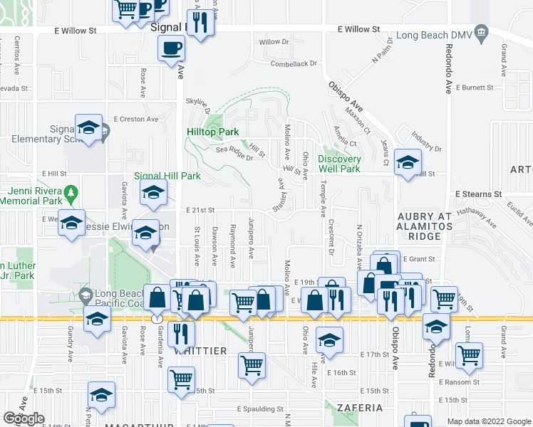 map of restaurants, bars, coffee shops, grocery stores, and more near E 21st St & Stanley Ave in Signal Hill