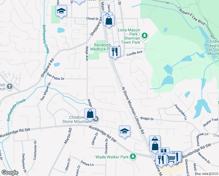 map of restaurants, bars, coffee shops, grocery stores, and more near 5238 Ridge Forest Drive in Stone Mountain