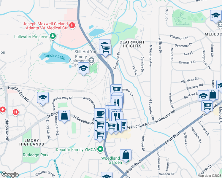 map of restaurants, bars, coffee shops, grocery stores, and more near 639 Brennan Drive in Decatur