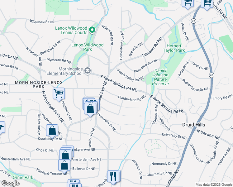 map of restaurants, bars, coffee shops, grocery stores, and more near 1192 Cumberland Road Northeast in Atlanta