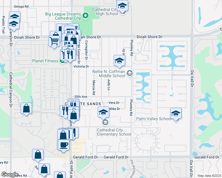 map of restaurants, bars, coffee shops, grocery stores, and more near 34884 Judy Lane in Cathedral City