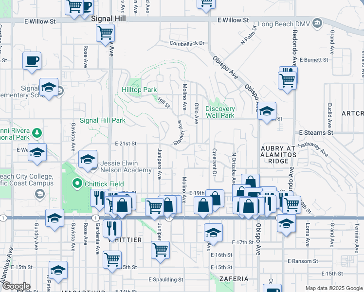 map of restaurants, bars, coffee shops, grocery stores, and more near 2503 East 21st Street in Signal Hill