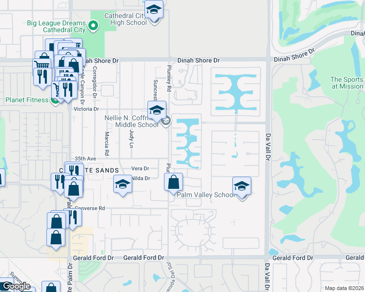 map of restaurants, bars, coffee shops, grocery stores, and more near 9 Lake Como Court in Rancho Mirage