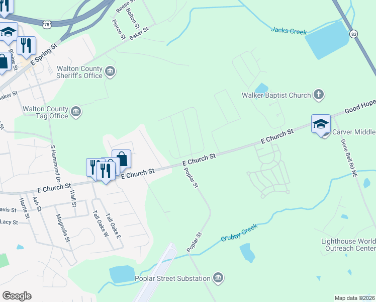 map of restaurants, bars, coffee shops, grocery stores, and more near 737 Woody Drive in Monroe