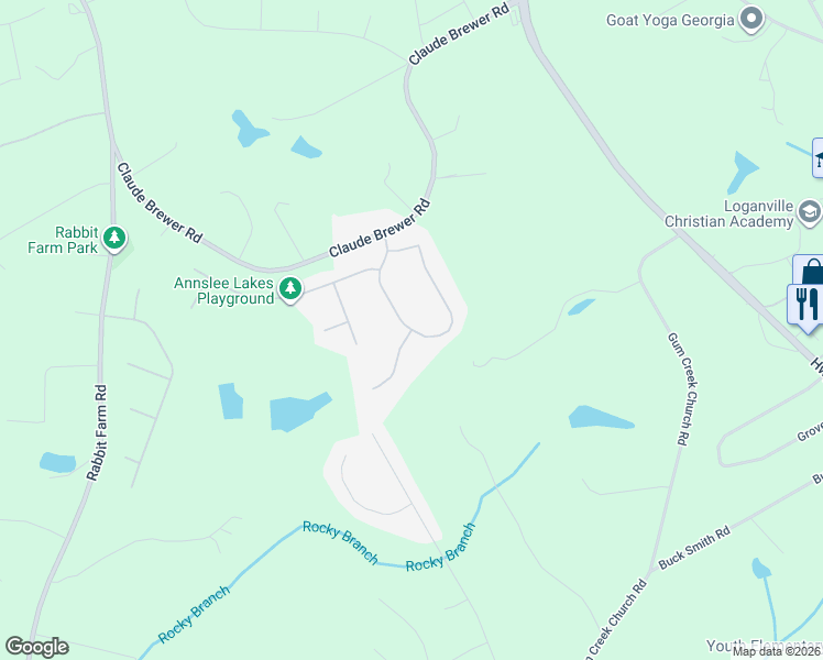 map of restaurants, bars, coffee shops, grocery stores, and more near 302 Annslee Circle in Loganville