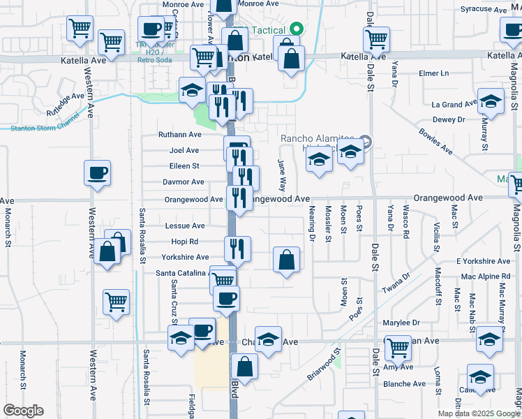 map of restaurants, bars, coffee shops, grocery stores, and more near 8111 Hynes Road in Stanton